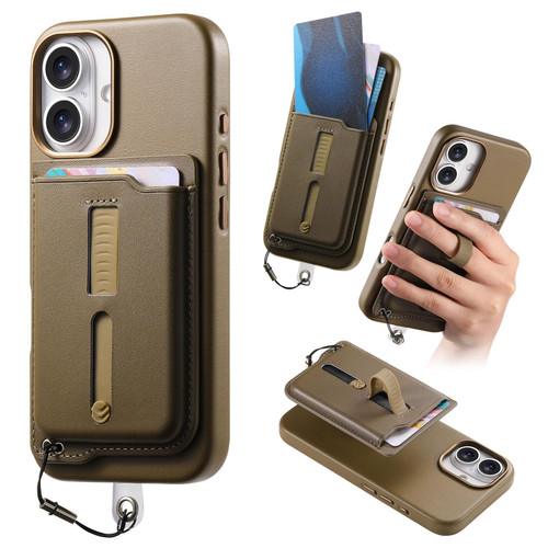 iPhone 17 Detachable Magnetic Card Bag Phone Case with Finger Ring Grip & Anti-loss Rope - Khaki