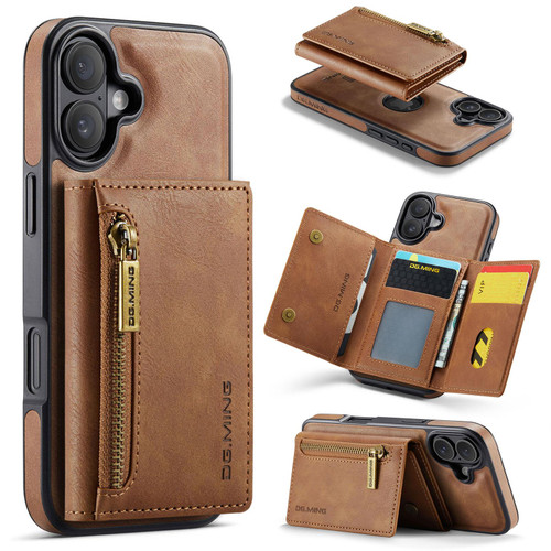 iPhone 17 DG.MING M5 Series Zip RFID Multi Card Detachable Leather Phone Case - Brown