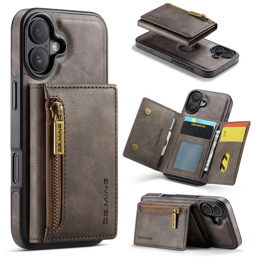 iPhone 17 DG.MING M5 Series Zip RFID Multi Card Detachable Leather Phone Case - Coffee