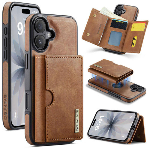 iPhone 17 DG.MING M6 Series RFID Tri-fold Card Bag Removable Leather Phone Case - Brown
