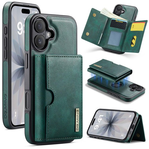 iPhone 17 DG.MING M6 Series RFID Tri-fold Card Bag Removable Leather Phone Case - Green