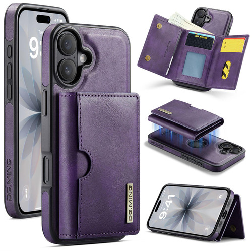 iPhone 17 DG.MING M6 Series RFID Tri-fold Card Bag Removable Leather Phone Case - Purple