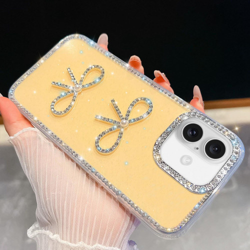 iPhone 17 Diamond Glitter Dual Bow-knot Shockproof Phone Case - Light Yellow