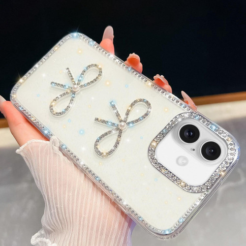 iPhone 17 Diamond Glitter Dual Bow-knot Shockproof Phone Case - White