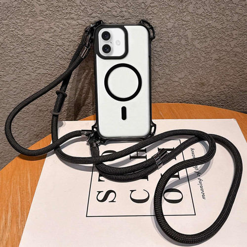 iPhone 17 Drone-Style Four-Corner Shockproof Magnetic Acrylic Phone Case with Long and Short Lanyard - Black