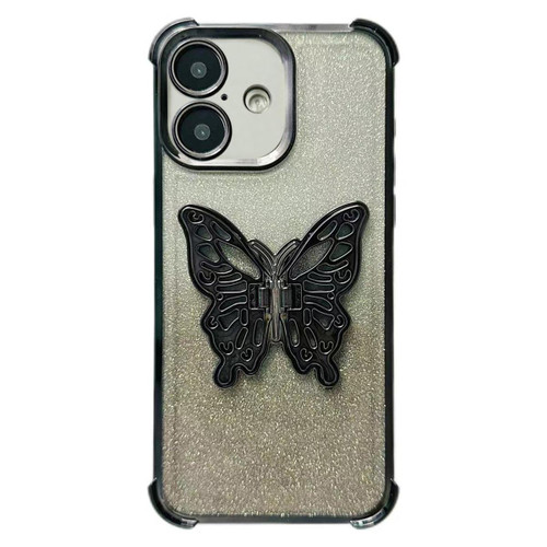 iPhone 17 Electroplated Glitter 3D Butterfly Four-corner Shockproof TPU Phone Case - Gradient Black