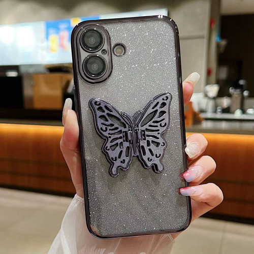 iPhone 17 Electroplated Gradient Glitter 3D Butterfly TPU Phone Case - Gradient Black