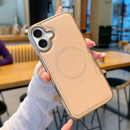 iPhone 17 Electroplated PC Side Vegan Leather-Texture MagSafe Phone Case - Pink