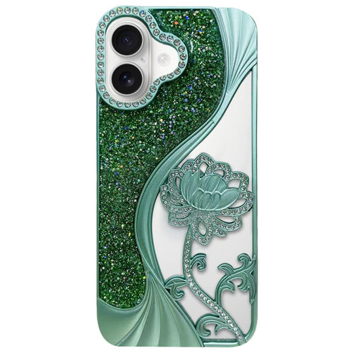iPhone 17 Electroplated TPU Lotus Hollow-carved Rhinestone Glitter Phone Case - Green