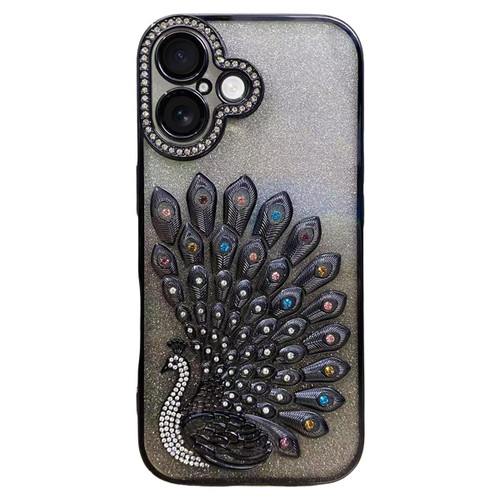 iPhone 17 Electroplated TPU Peacock Relief Rhinestone Glitter Phone Case with Lens Film - Black