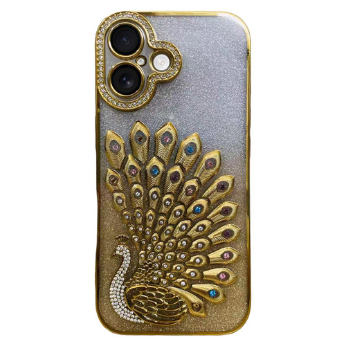 iPhone 17 Electroplated TPU Peacock Relief Rhinestone Glitter Phone Case with Lens Film - Gold