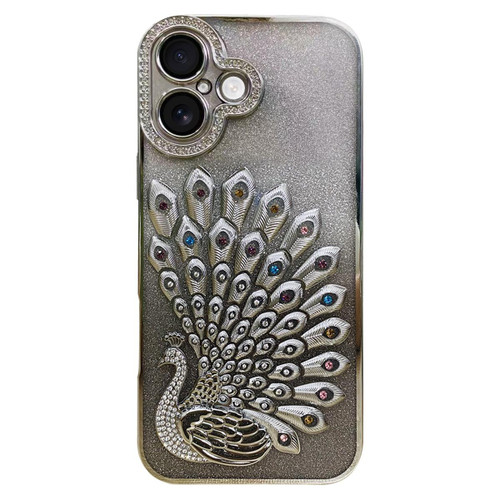 iPhone 17 Electroplated TPU Peacock Relief Rhinestone Glitter Phone Case with Lens Film - Silver