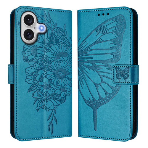 iPhone 17 Embossed Butterfly Leather Phone Case - Blue