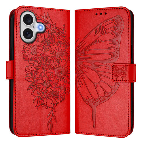 iPhone 17 Embossed Butterfly Leather Phone Case - Red