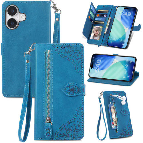 iPhone 17 Embossed Flower Zipper Leather Phone Case - Blue