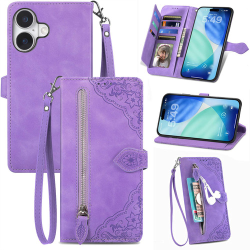iPhone 17 Embossed Flower Zipper Leather Phone Case - Purple