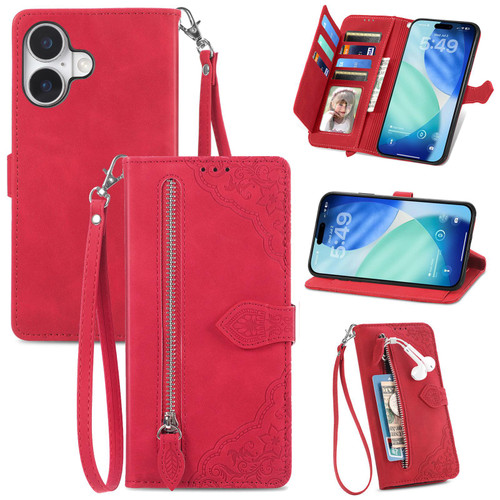 iPhone 17 Embossed Flower Zipper Leather Phone Case - Red