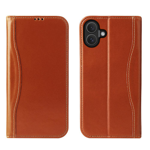 iPhone 17 Fierre Shann Cowhide Leather Flip Leather Phone Case - Brown
