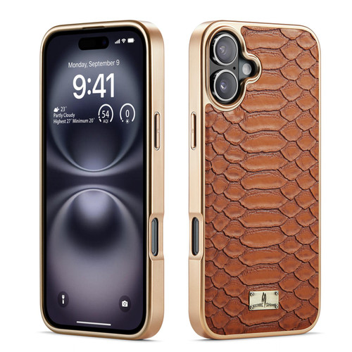 iPhone 17 Fierre Shann Python Texture Electroplating PU Phone Case - Brown