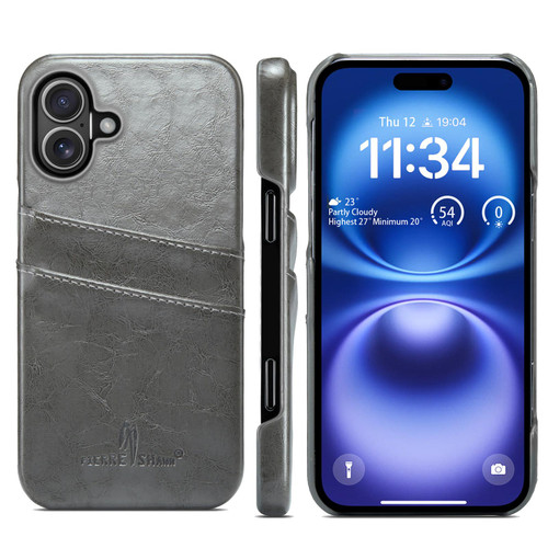 iPhone 17 Fierre Shann Retro Oil Wax Texture Card Slots PU Leather Phone Case - Grey