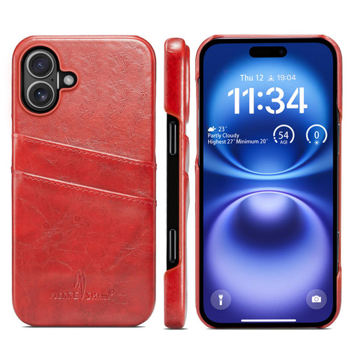 iPhone 17 Fierre Shann Retro Oil Wax Texture Card Slots PU Leather Phone Case - Red