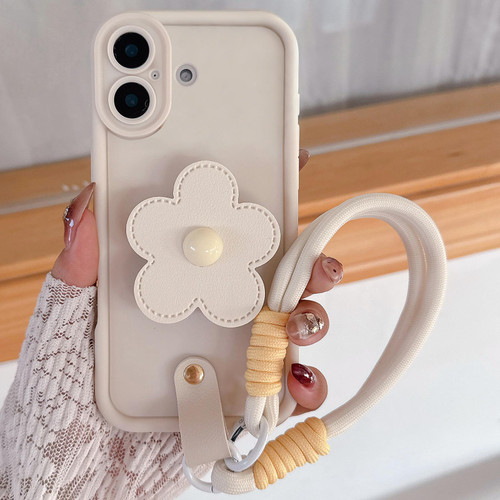iPhone 17 Floral Holder TPU Phone Case with PU Buckle Lanyard - Beige