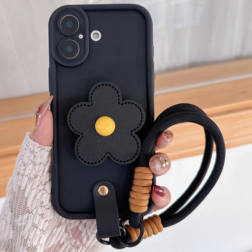iPhone 17 Floral Holder TPU Phone Case with PU Buckle Lanyard - Black