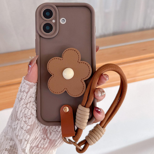 iPhone 17 Floral Holder TPU Phone Case with PU Buckle Lanyard - Coffee