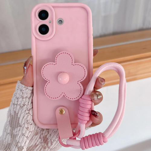 iPhone 17 Floral Holder TPU Phone Case with PU Buckle Lanyard - Pink