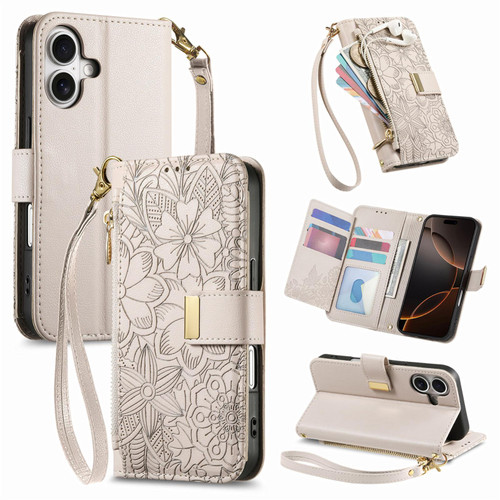 iPhone 17 Flowers Leaves Zipper Wallet Leather Phone Case with Strap - Khaki