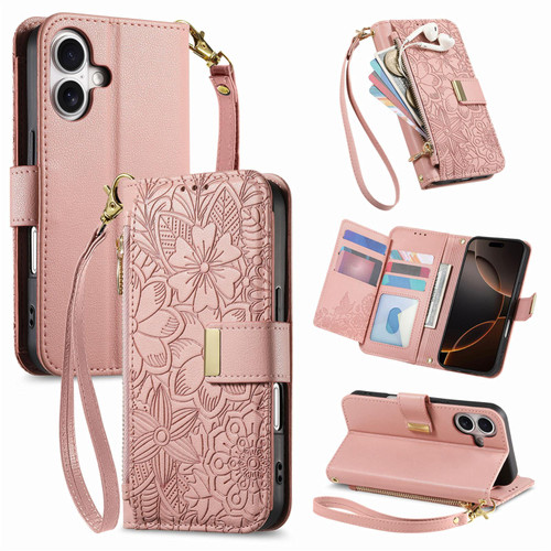 iPhone 17 Flowers Leaves Zipper Wallet Leather Phone Case with Strap - Pink