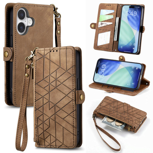 iPhone 17 Geometric Zipper Wallet Side Buckle Leather Phone Case - Brown
