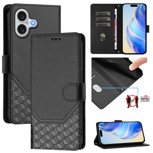 iPhone 17 Honeycomb Embossing RFID Leather Phone Case - Black
