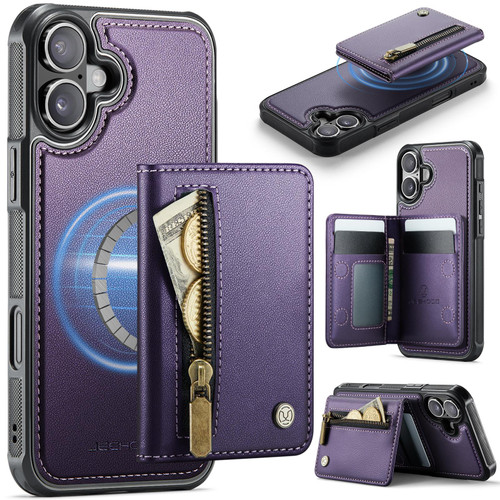 iPhone 17 JEEHOOD J12 Exquisite RFID MagSafe Zipper Card Bag Phone Case - Purple