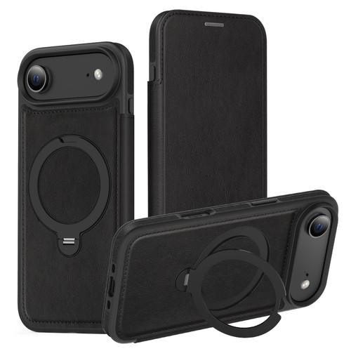 iPhone 17 Knight Shield 360 Rotation Holder MagSafe RFID Leather Phone Case - Black