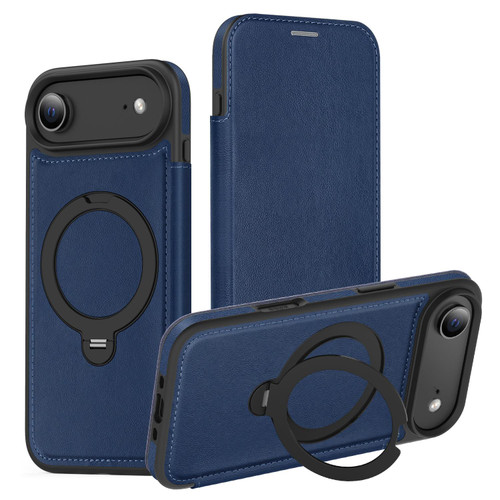 iPhone 17 Knight Shield 360 Rotation Holder MagSafe RFID Leather Phone Case - Blue