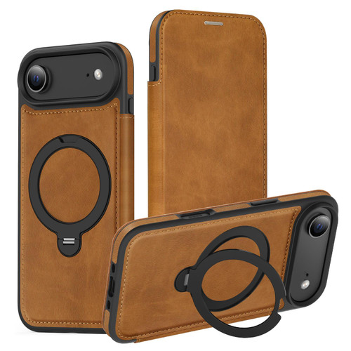 iPhone 17 Knight Shield 360 Rotation Holder MagSafe RFID Leather Phone Case - Brown