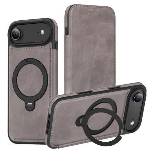 iPhone 17 Knight Shield 360 Rotation Holder MagSafe RFID Leather Phone Case - Grey