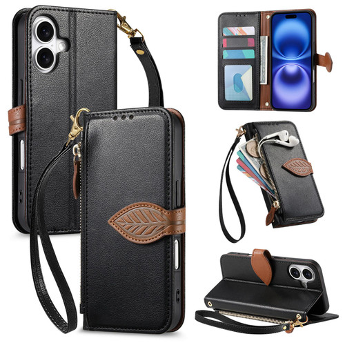 iPhone 17 Leaf Buckle Zipper Wallet Leather Phone Case with Strap - Black