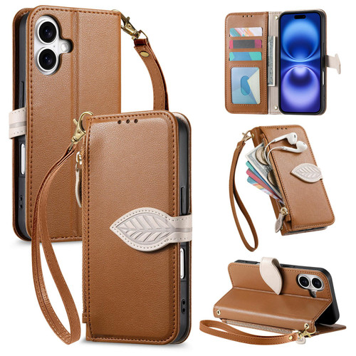 iPhone 17 Leaf Buckle Zipper Wallet Leather Phone Case with Strap - Brown