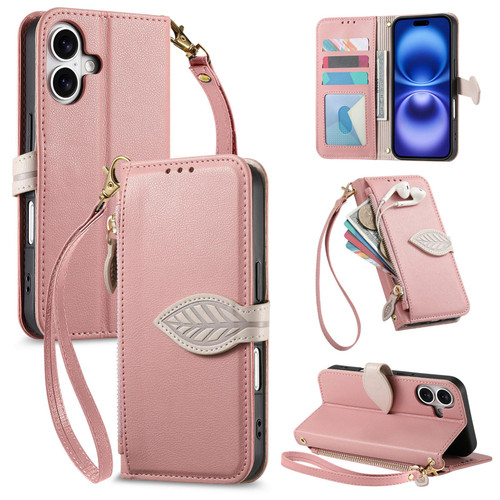 iPhone 17 Leaf Buckle Zipper Wallet Leather Phone Case with Strap - Pink