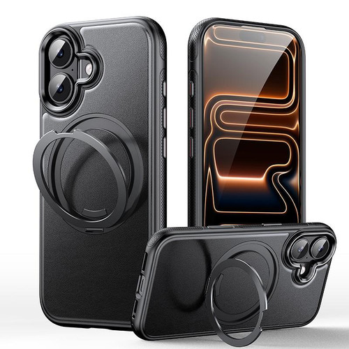 iPhone 17 Leather Texture 360 Degrees Rotating Magnetic Holder Phone Case - Black