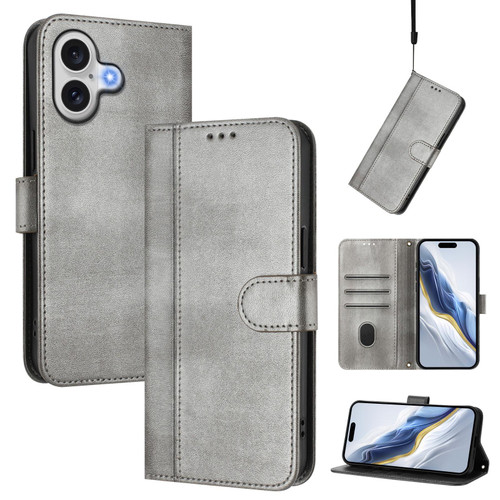 iPhone 17 Line Splicing Buckle Retro Leather Phone Case - Grey