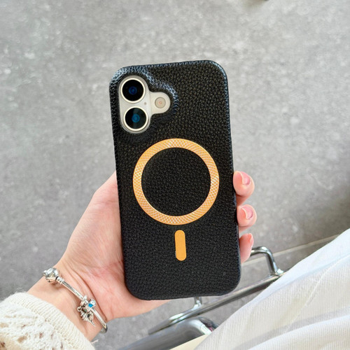 iPhone 17 Litchi Texture Brushed MagSafe PU Back Cover Phone Case - Black