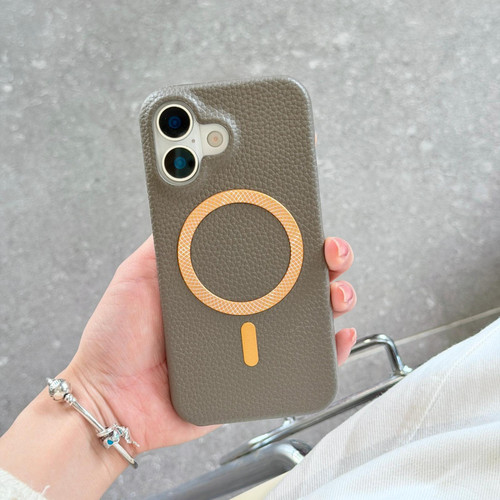 iPhone 17 Litchi Texture Brushed MagSafe PU Back Cover Phone Case - Gray