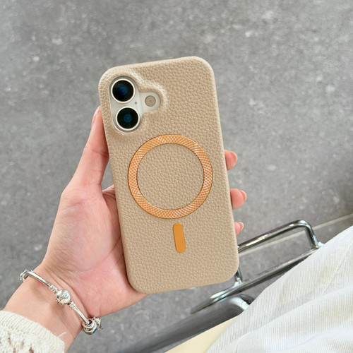 iPhone 17 Litchi Texture Brushed MagSafe PU Back Cover Phone Case - Khaki