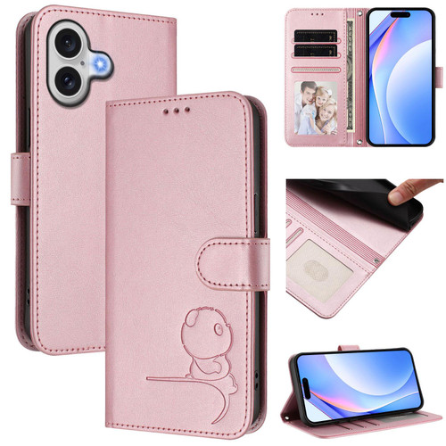iPhone 17 Litter Panda Embossing RFID Leather Phone Case with Lanyard - Pink