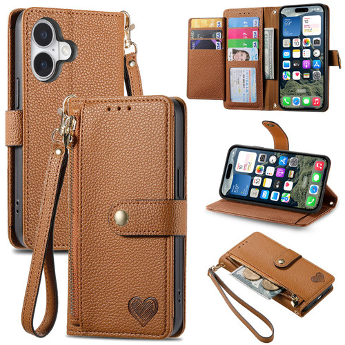 iPhone 17 Love Zipper Lanyard Leather Phone Case - Brown