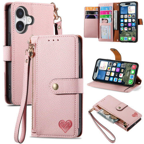 iPhone 17 Love Zipper Lanyard Leather Phone Case - Pink