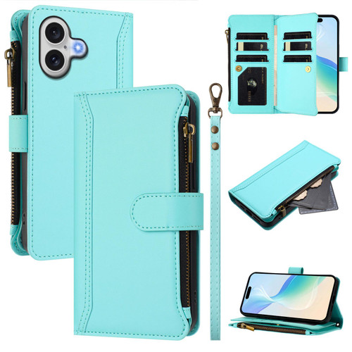 iPhone 17 Magnetic Closure 9 Card Slots Zipper Leather Case with Hand Strap - Mint Green